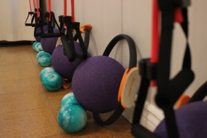 The equipment used for barre class at Moksha Yoga's Donald location.
